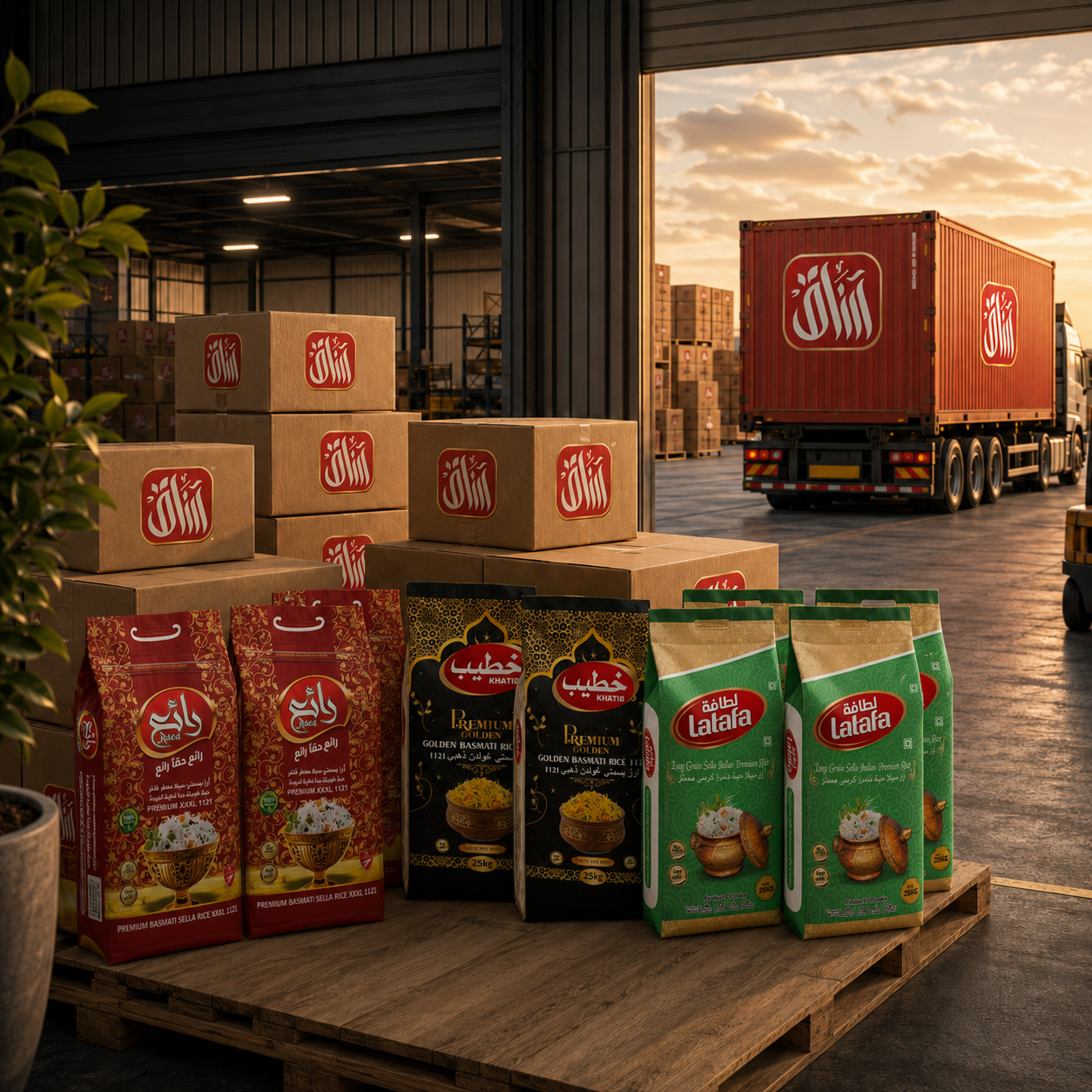 Food products and branded cartons arranged on pallets while a logistics team prepares an outbound shipment.