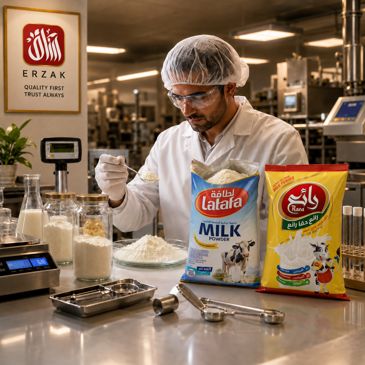 A food quality specialist reviews milk powder samples and packaging details inside a clean laboratory.