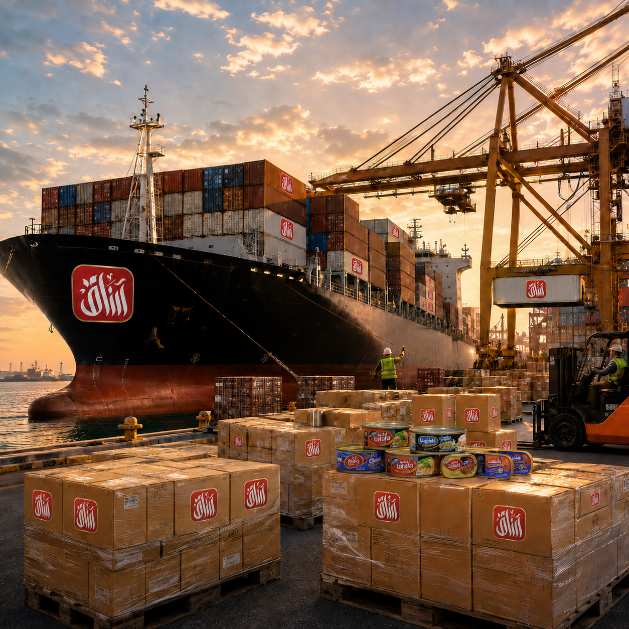 A container ship is loaded at a commercial port with prepared food shipments ready for export.
